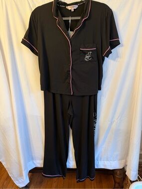 Juicy Couture XL Lounge Set Black Rhinestone Logo Pajamas Y2K McBling 2pc